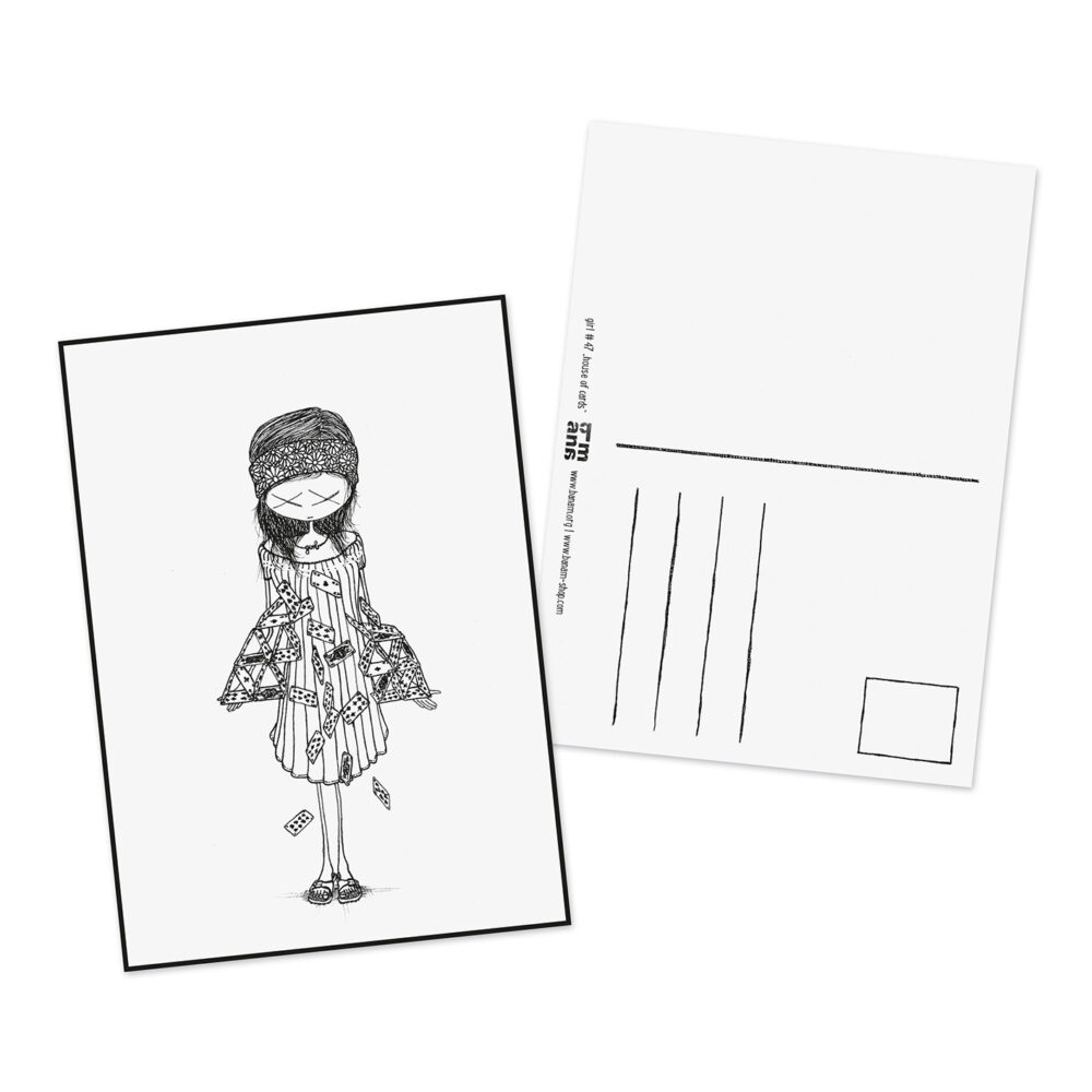 Postkarte girl "Kartenhaus"